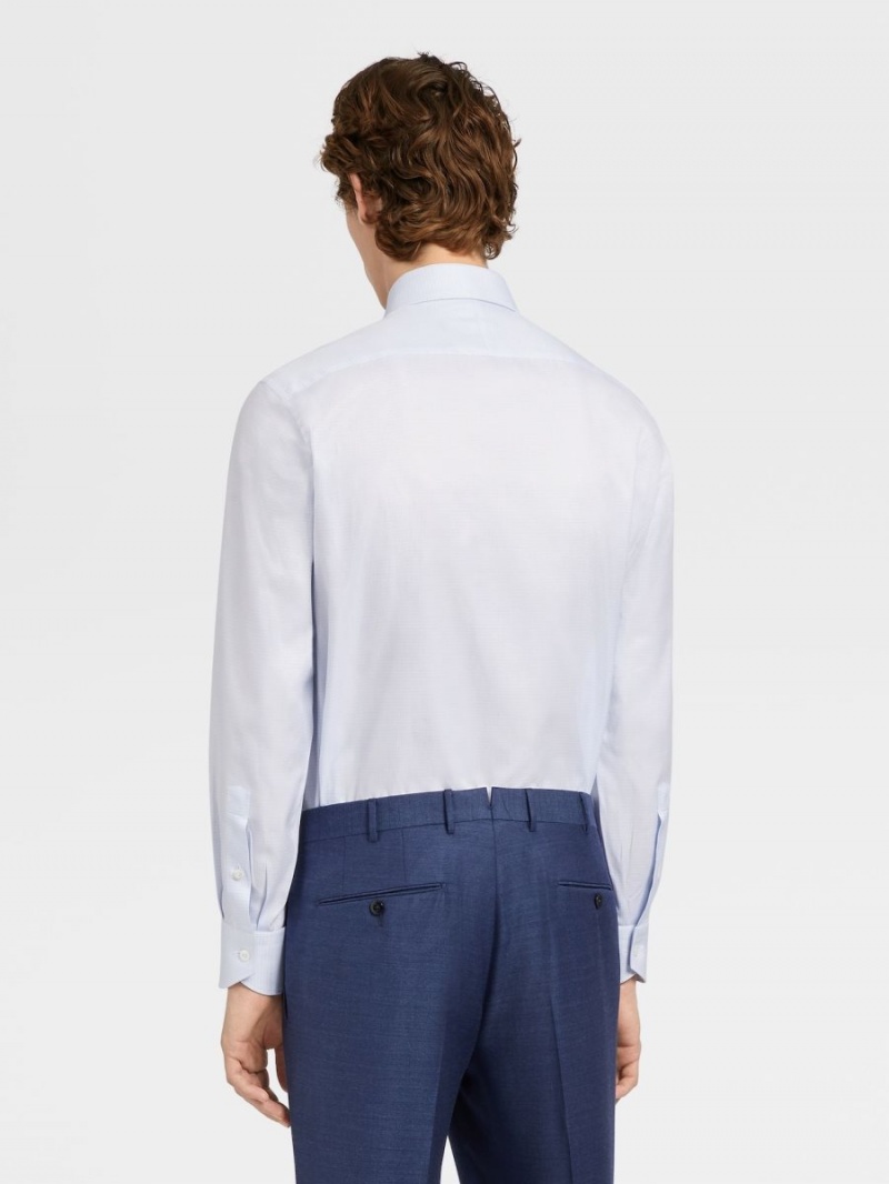 White / Light Blue Zegna Pied De Poule Twill Cotton Long-sleeve Shirt | SEVLPYJ-34