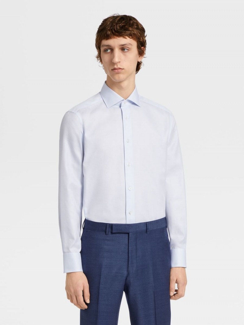 White / Light Blue Zegna Pied De Poule Twill Cotton Long-sleeve Shirt | SEVLPYJ-34