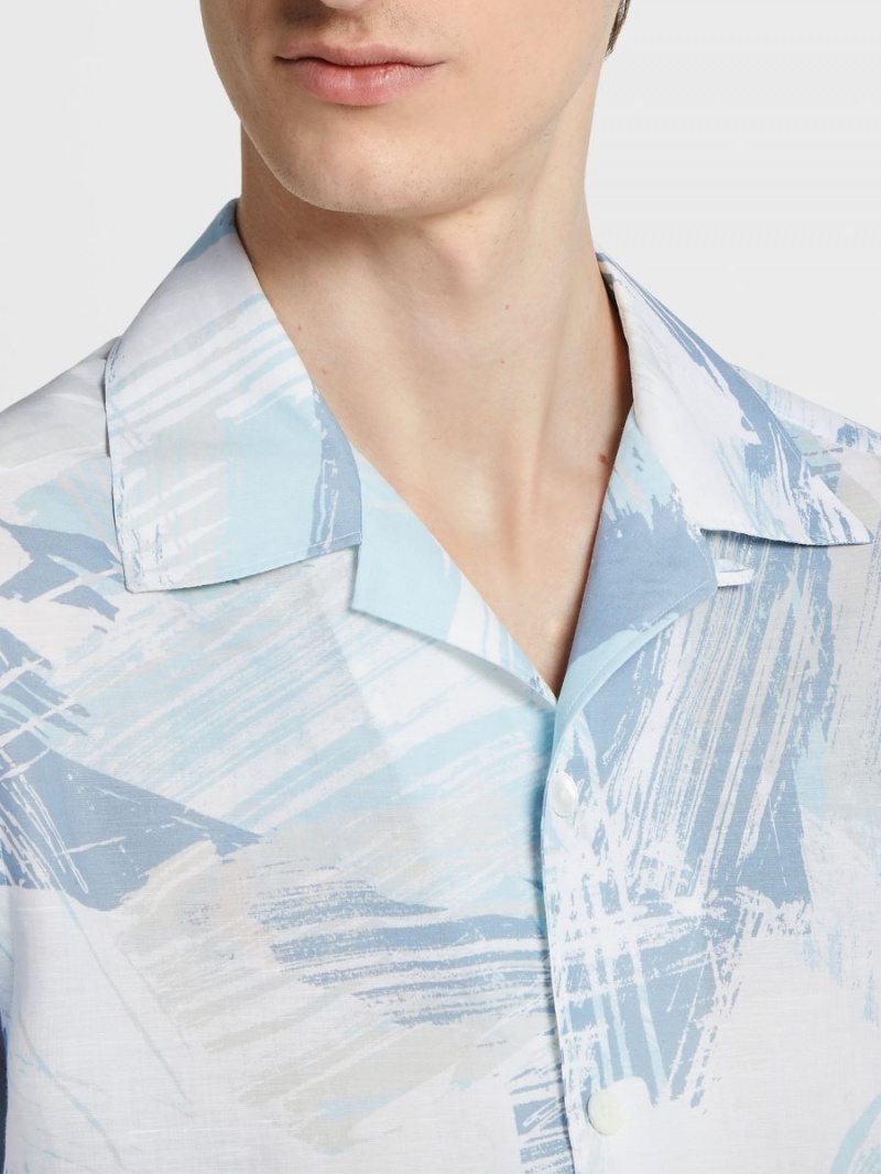 White / Light Blue / White Zegna Linen And Cotton Shirt | YXIELCN-90