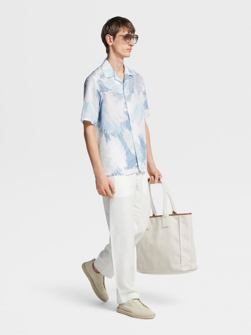 White / Light Blue / White Zegna Linen And Cotton Shirt | YXIELCN-90